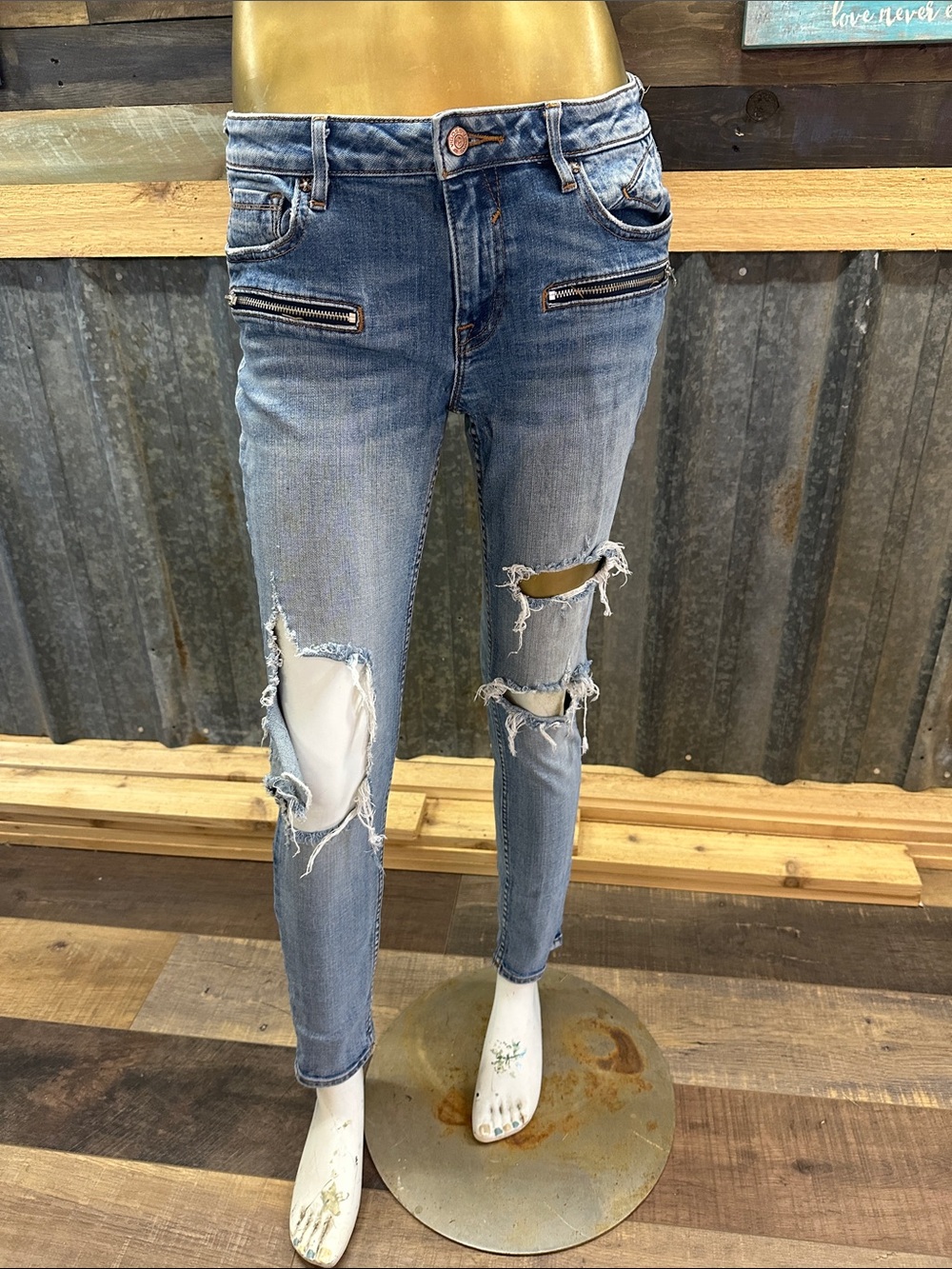 Vigoss Distressed Medium Blue Skinny Jeans with Zipper Accents